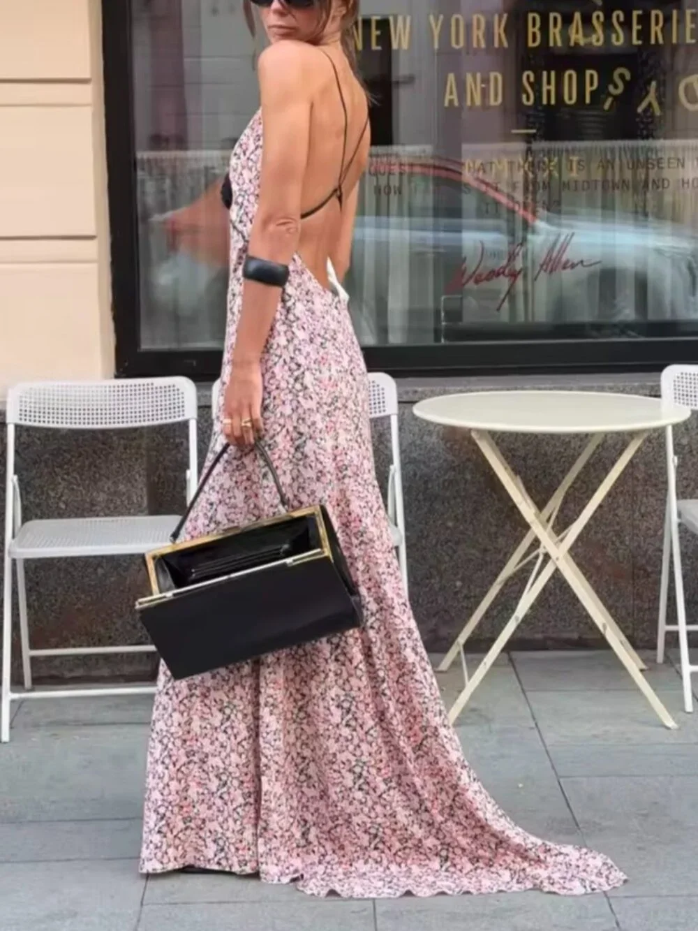 Pink Ditsy Floral Satin Maxi Dress Spaghetti Strap Deep V Neck Front Black Rose